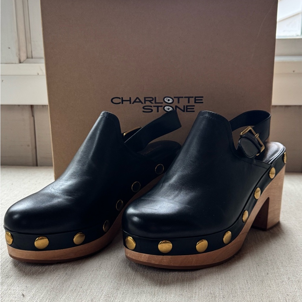 Charlotte Stone Black Leather Mules with Gold Studs - Picture 3 of 6